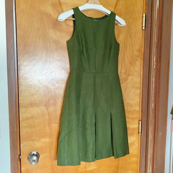 J.Crew Sleeveless Pleated Linen Dress Olive Green Size 00 Lined Knee Length Midi - Picture 3 of 14